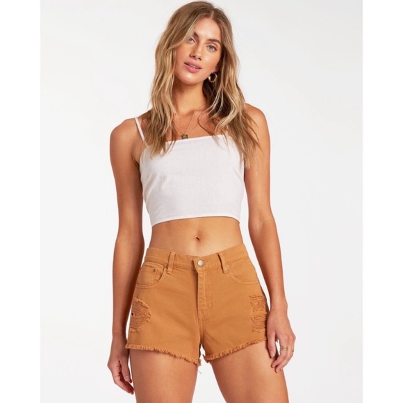 Billabong Drift Away Denim Frayed High Waist Brown Shorts in Canyon Brown - Picture 1 of 7